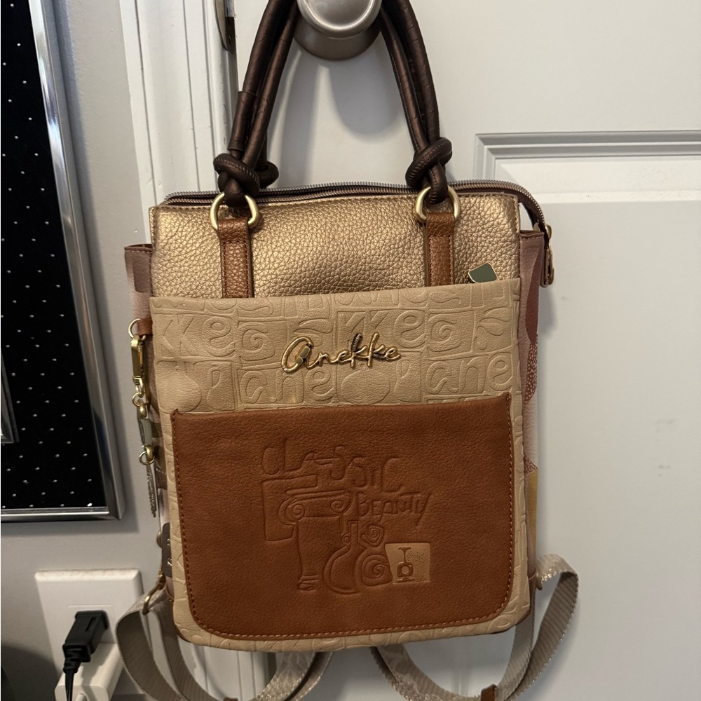 Embossed Backpack, Top Handle, Tan & Gold, Vegan Leather, Multi Compartment